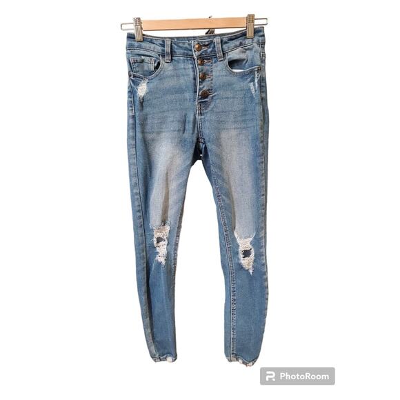 No Boundaries Juniors Jeans 3 Mid Rise Skinny Button Fly Distressed Blue Denim - Picture 1 of 3